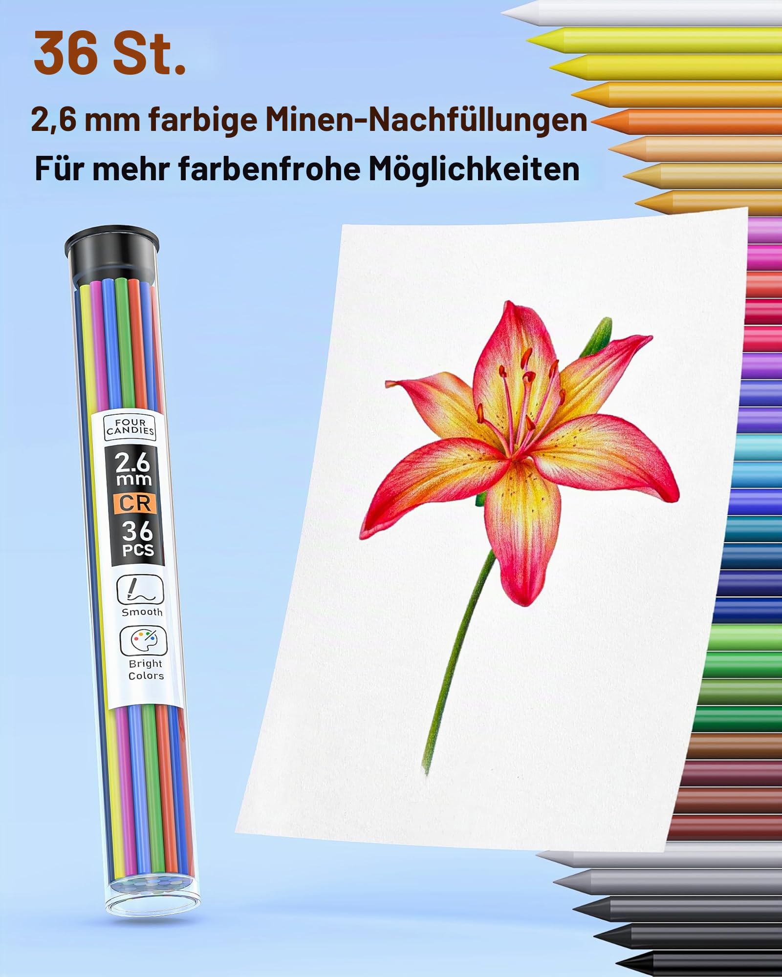 Four Candies Druckbleistifte mit bunten Minen, radierbare mechanische Stifte mit Spitzer und Tasche, ästhetische Zeichenwerkzeuge ideal für Anfänger 2,6 mm, 36 Stück