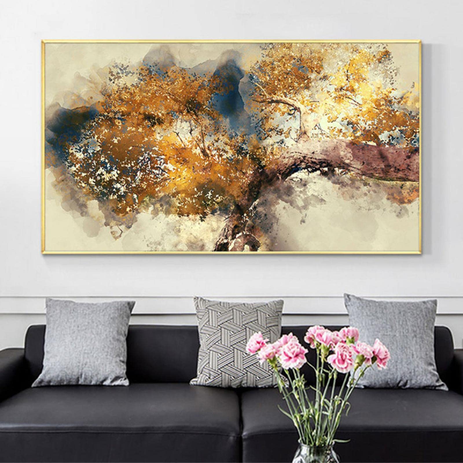HOLEILUCK Großes abstraktes Ölgemälde auf Leinwand, goldbraun, Ast, 80 x 165 cm, mit Rahmen