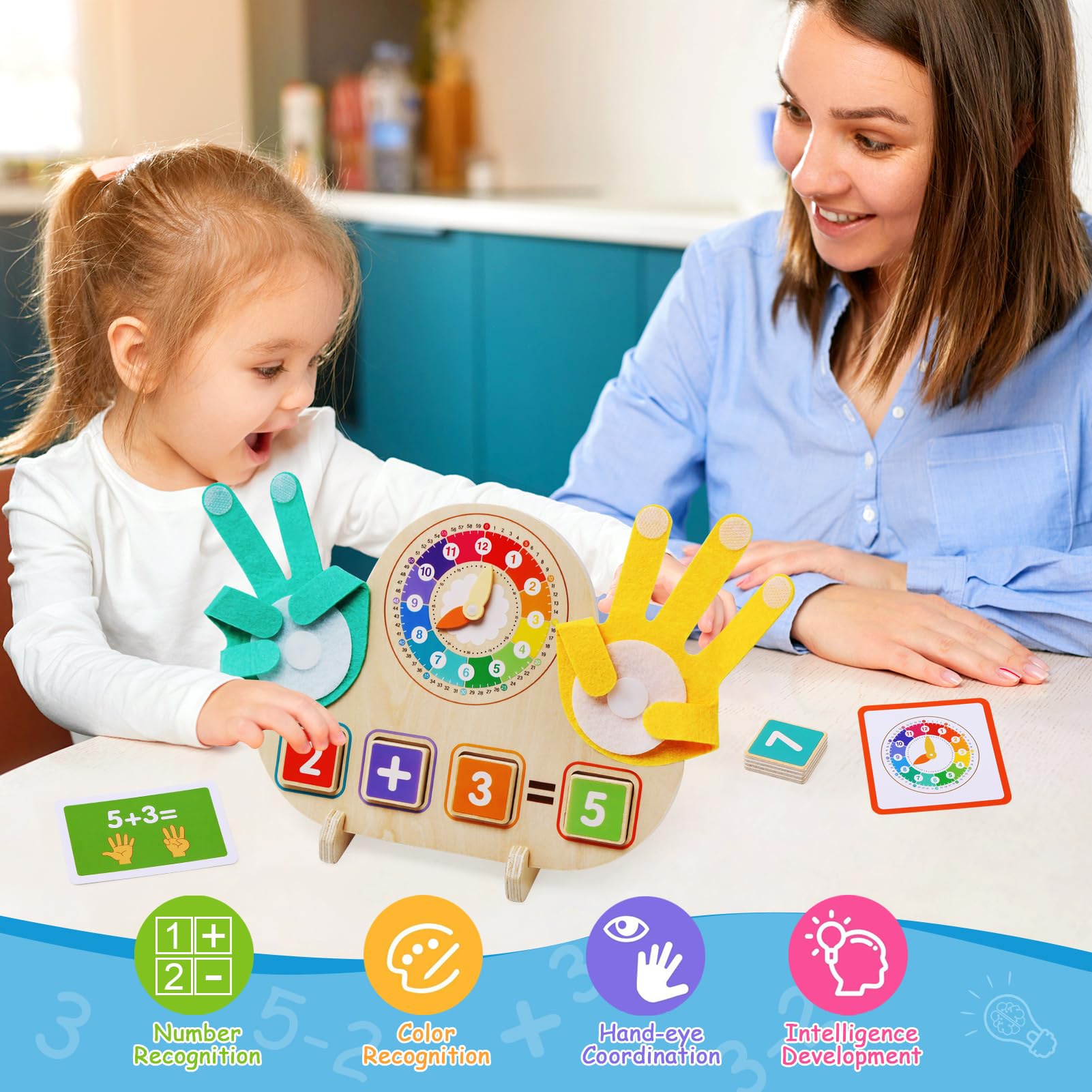 Juegos Educativos Niños 3 4 5 6 Años, Juguetes Montessori Matemáticas de Madera con Reloj, Juegos de Conteo para Preescolar Aprender Suma y Resta Regalo para Infantil Niños Niñas 3-6 Años