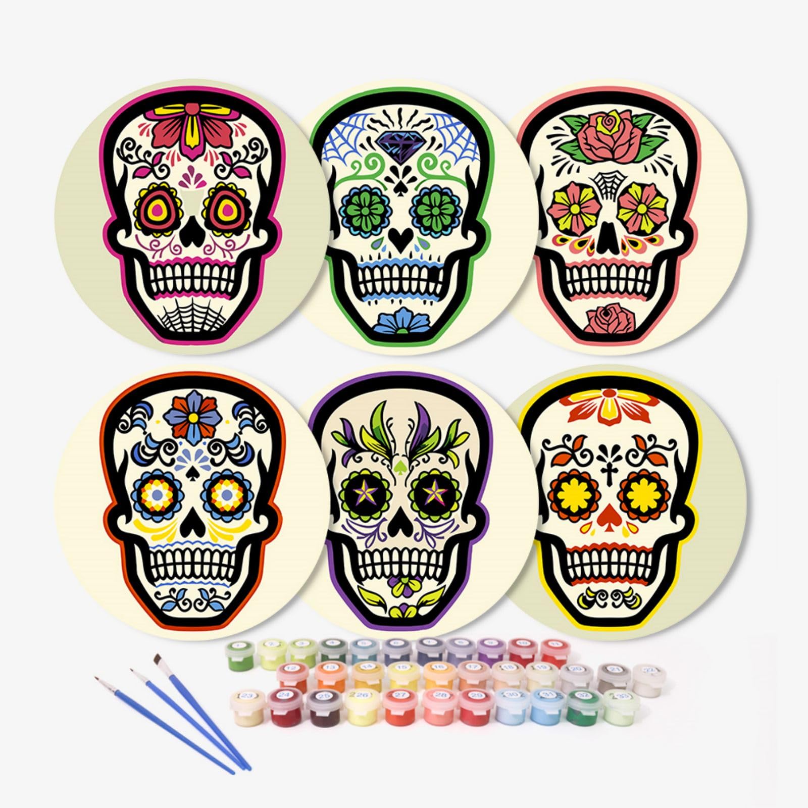 6 Pcs Paint by Numbers Coasters Kits with Holder, DIY Paint by Numbers Coasters for Adults Beginners, Coasters with Brushes Acrylic Paint, Paint by Numbers Kits Craft -36-Skull