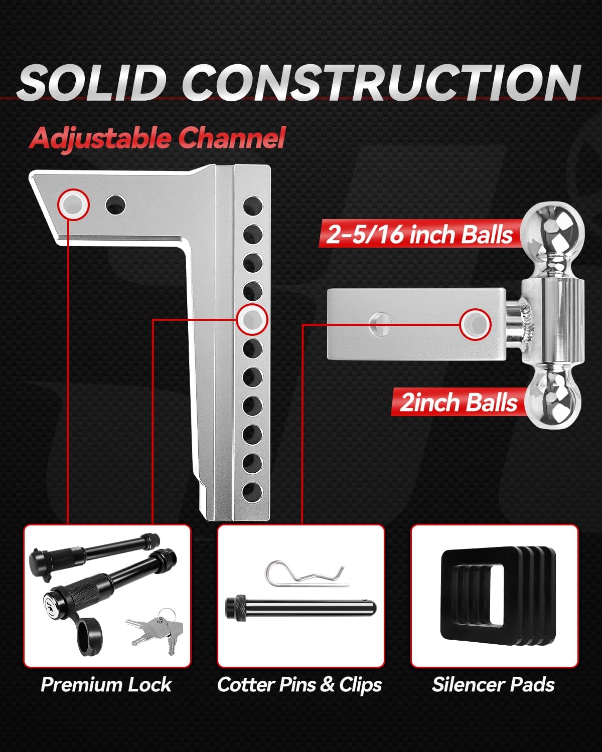 YIZBAP Adjustable Trailer Hitch, Towing Ball Mount, Fits 2.5-Inch Receiver, 10-Inch Drop/Rise Aluminum Drop Hitch, 18500LBS, 2-Inch and 2-5/16-Inch Balls Equipped with 2 latches with Locks