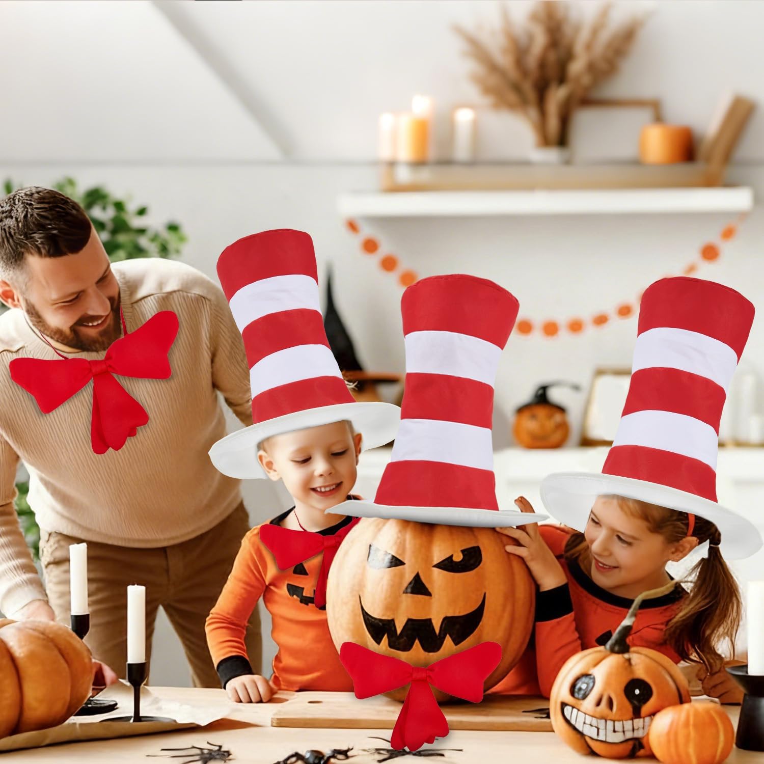 4 PCS Cat Hat Halloween Costume Accessories, Red White Striped Hat/Red Bow Tie/White Gloves for World Book Day Halloween Cosplay and Dress Up - Image 6