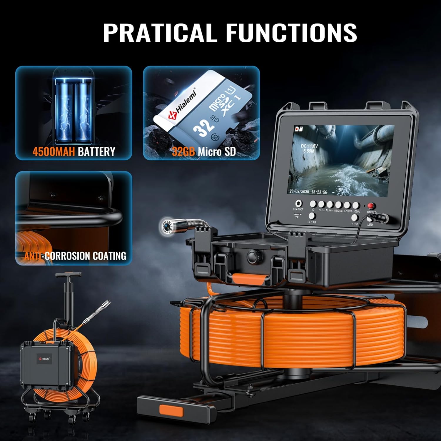 Portable 9'' Sewer Camera with 512Hz Transmitter - 7MM/ 300Ft/ 91.5M Self Leveling Drain Camera & Meter Counter & 5X Zoom - 145° Plumbing Pipe Inspection Cam - 1080P IPS Screen & DVR 32GB