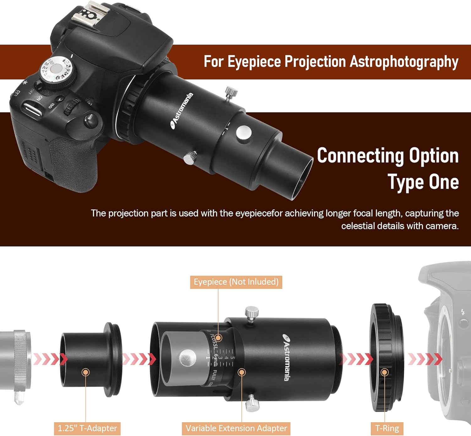 Astromania Variable Projection Adapter 1.25" Extension Tube Kit - Bundle with - Minolta Camera T-Ring Adapter