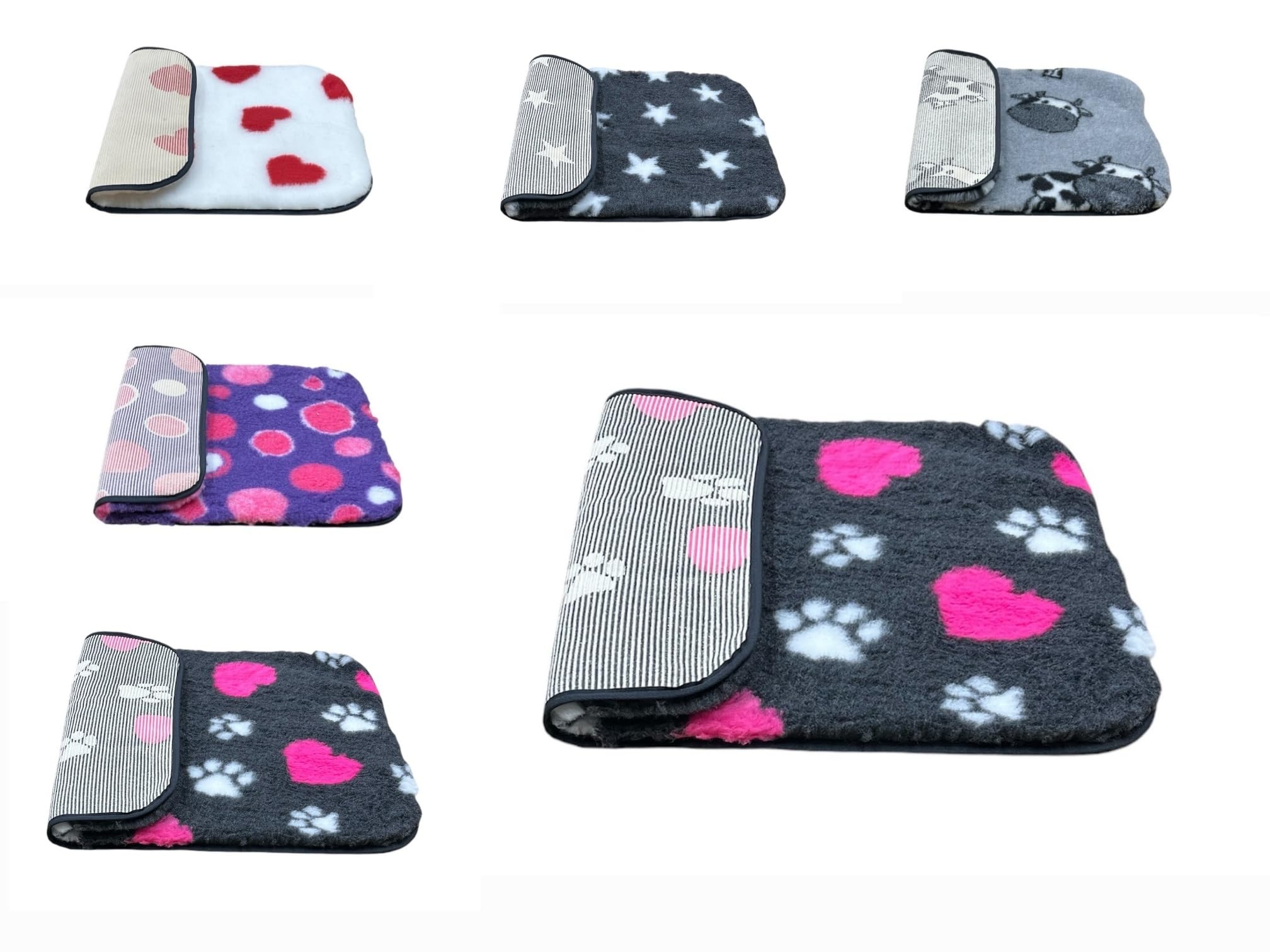 PnH Veterinary Bedding® NON SLIP Classic Range, Vet Bedding, Bound Edges For Strength - Dog Bed Fleece in Many Colours & Sizes (Charcoal Hearts & Paws, 100cm x 100cm)