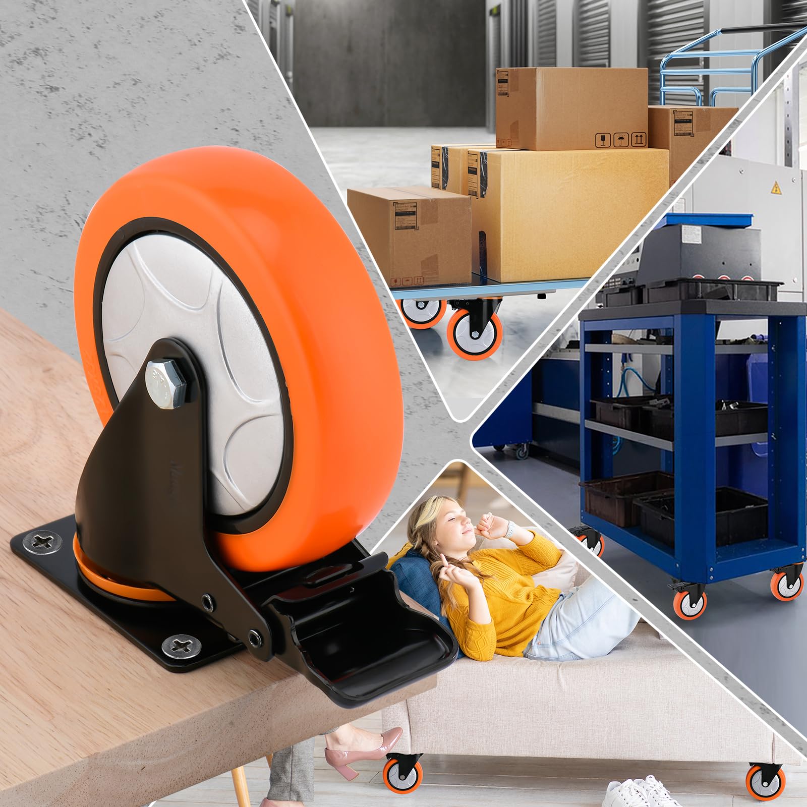 Moogiitools Set di 4 Ruote per Mobili 4 ruote girevoli mobili con freno,Rotelle per Mobili Silenziose Girevoli a 360°, Rotelle con Freno per Banco da Lavoro (127mm-Portata Max 1000KG)