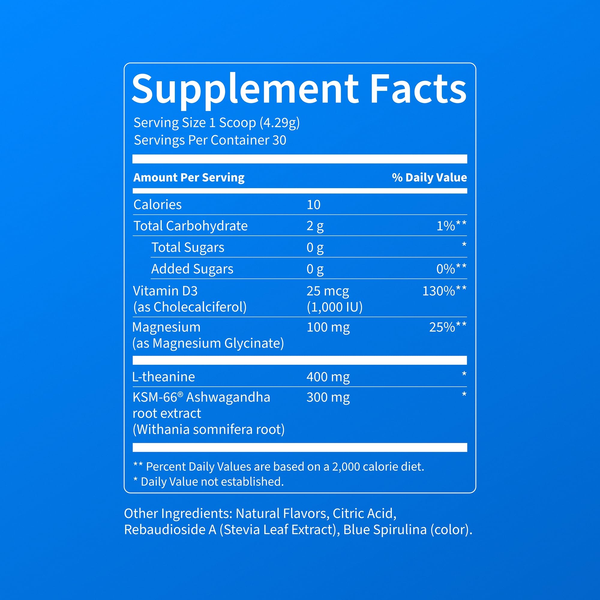 Nello Supercalm Powdered Drink Mix Tub, Cortisol Reducer* and Sleep Aid Supplement, L Theanine, Ksm-66 Ashwagandha, Magnesium Glycinate, Vitamin D 3, No Sugar, Non GMO, On The Go, 30 Ct, Blue Coconut — Amazon image 4