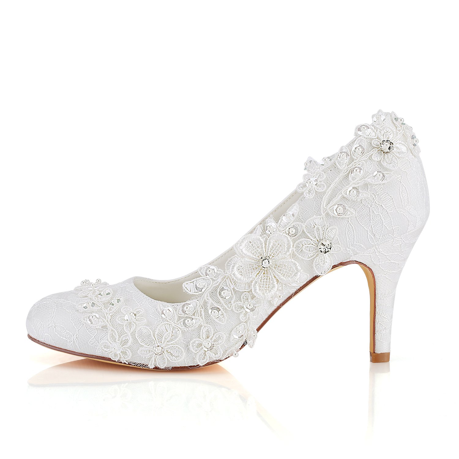 Hochzeitsschuhe Damen Seide wie Satin Stöckel Absatz Pumps mit Stitching Spitze Blume Crystal Pearl,