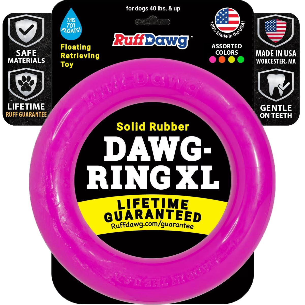Ruff Dawg Indestructible Dawg-Ring XL 8” Pink – Heavy-Duty Solid Rubber Tug & Fetch Toy for Dogs 40 lbs & Up – Floats & Bounces – Made in USA