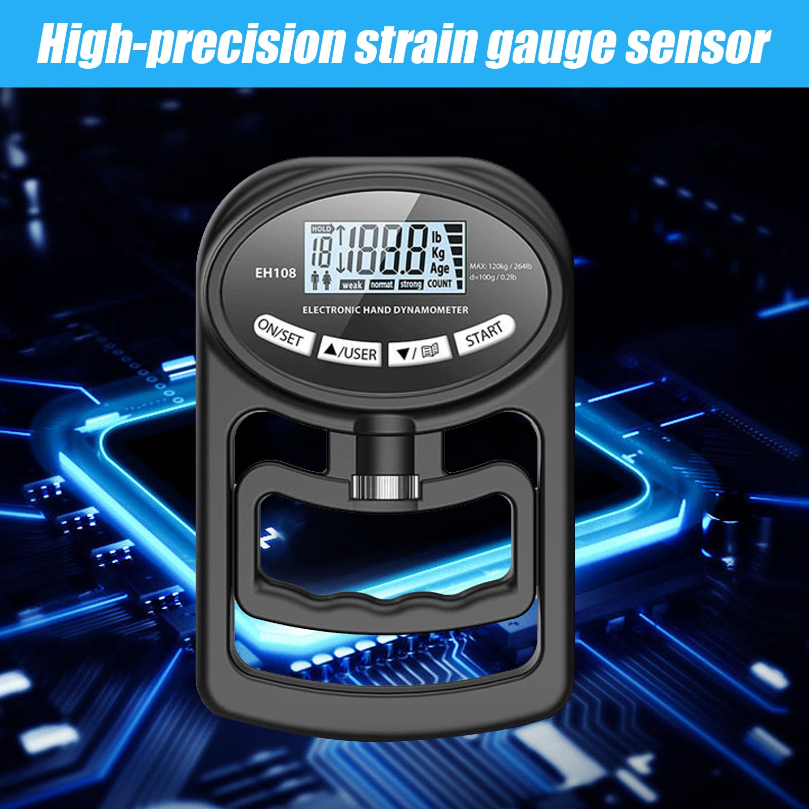 Medidor digital de mano de 264 lb/120 kg, dinamómetro digital de mano, medidor de fuerza de agarre electrónico, medición de fuerza de agarre con pantalla LED (negro)