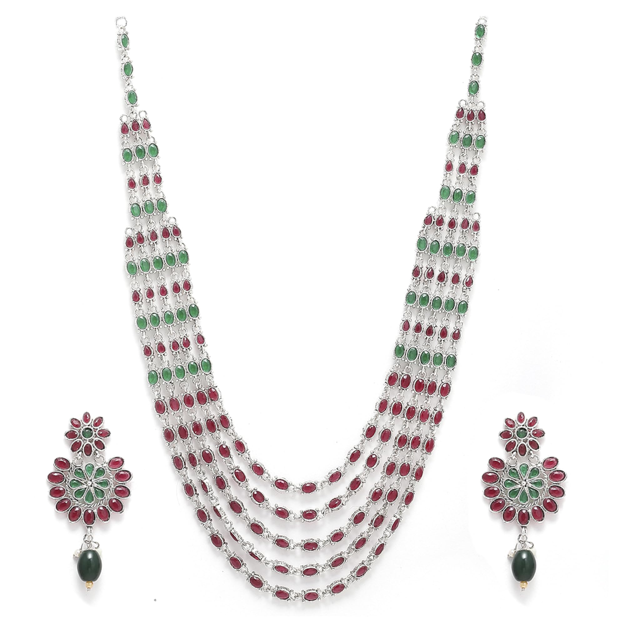ZENEME Antique Oxidised Flower Shaped Red Green American Diamond Studded Five Layered Necklace with Earrings Jewellery For Women & Girls (B09V2ZKGFX) Amazon Price History, Amazon Price Tracker
