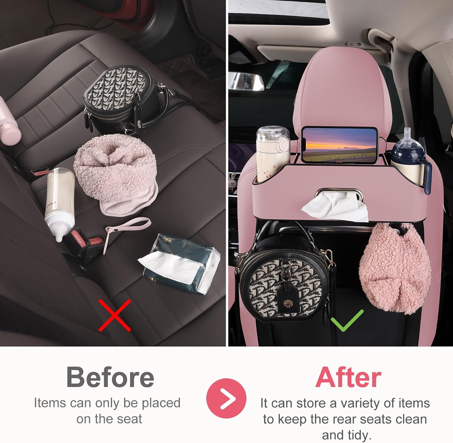 Car Rear Backseat Extra Multifunctional Drink Cup Holder Organizers with Tissue Storage Box Organizer & Hooks for Car Seat Back. Pink