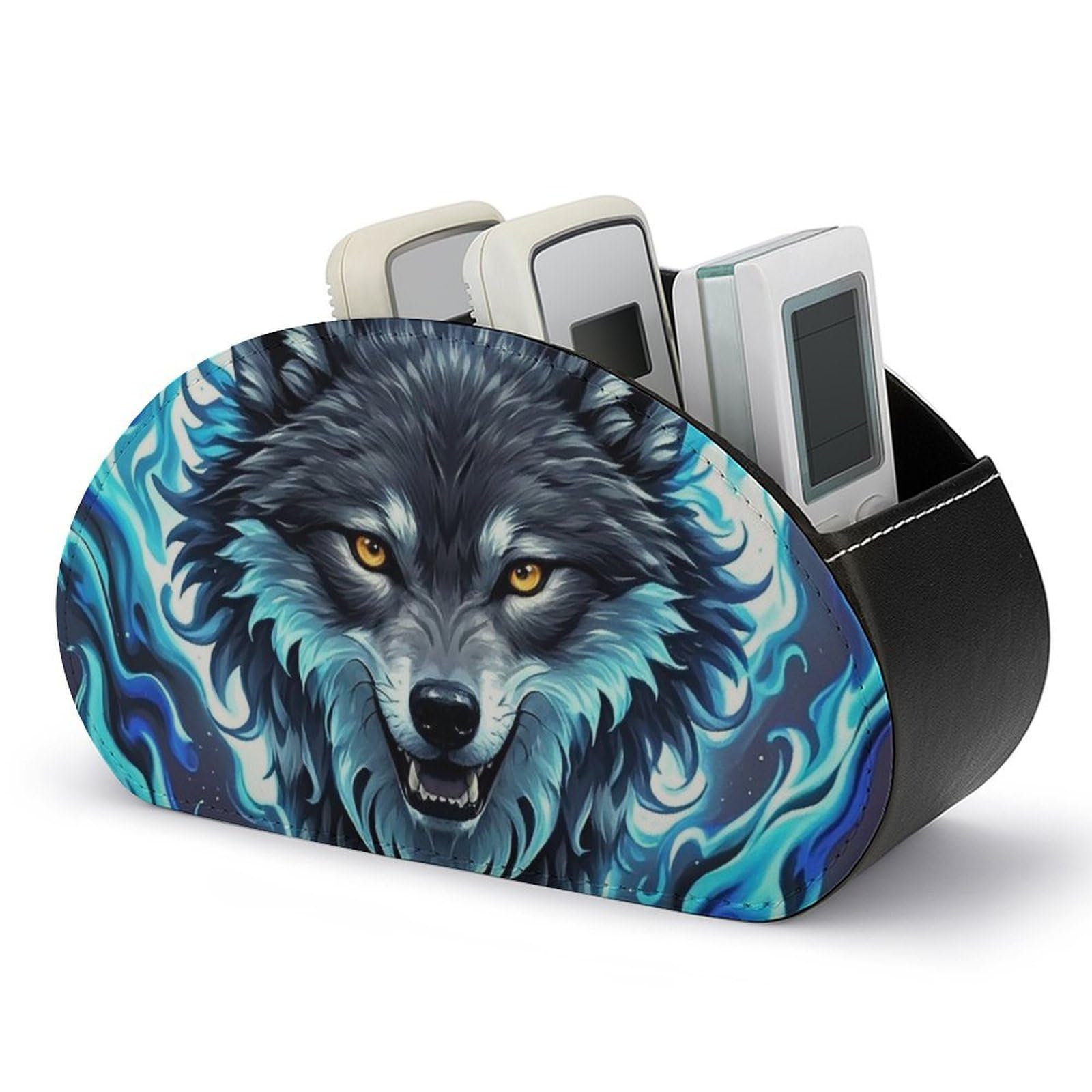 Boîte de rangement loup en flammes bleues en cuir synthétique à 5 compartiments