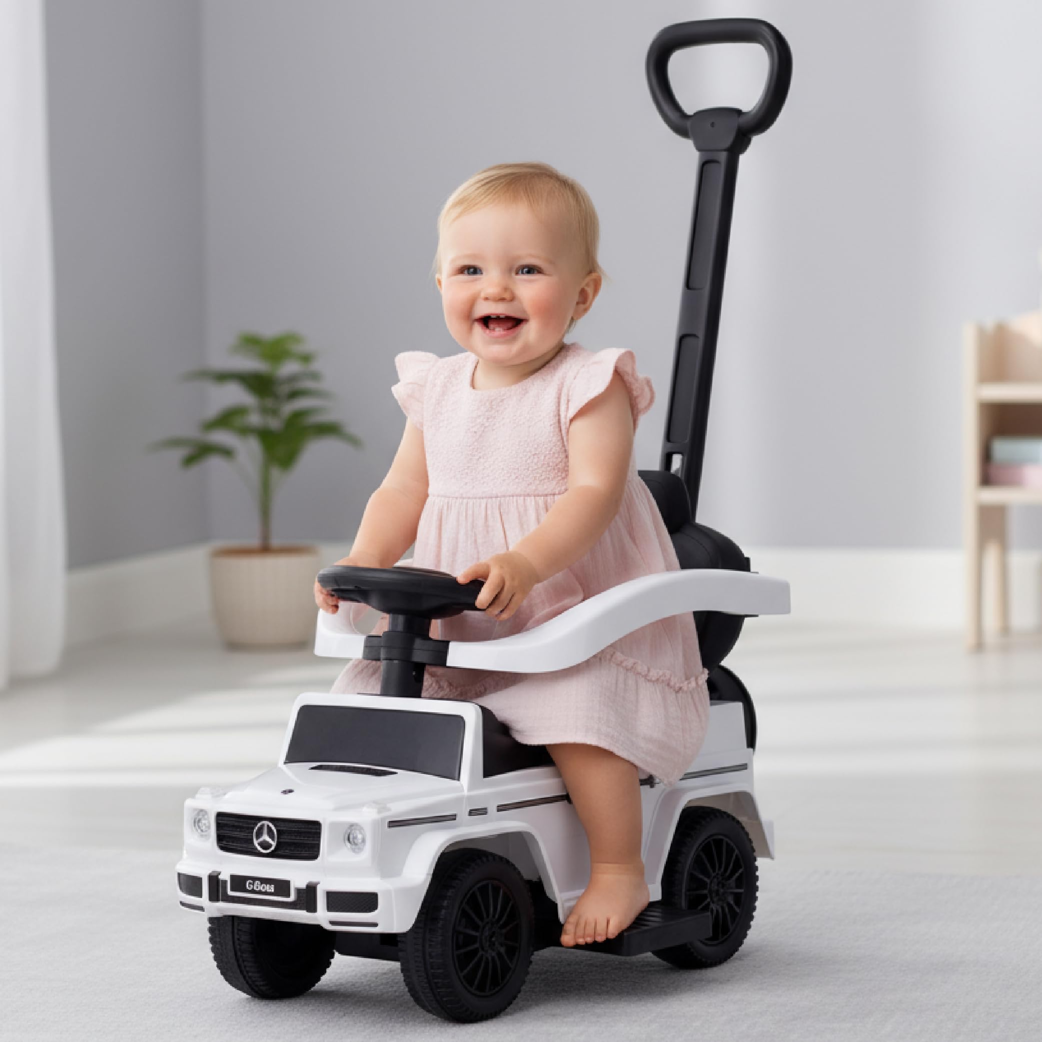 sun baby Macchinina Cavalcabile per Bambini licenza Mercedes Benz G, Macchina a spinta da 12 mesi, licenza, volante sonoro, sedile e ruote in plastica, maniglione di spinta (Bianco)
