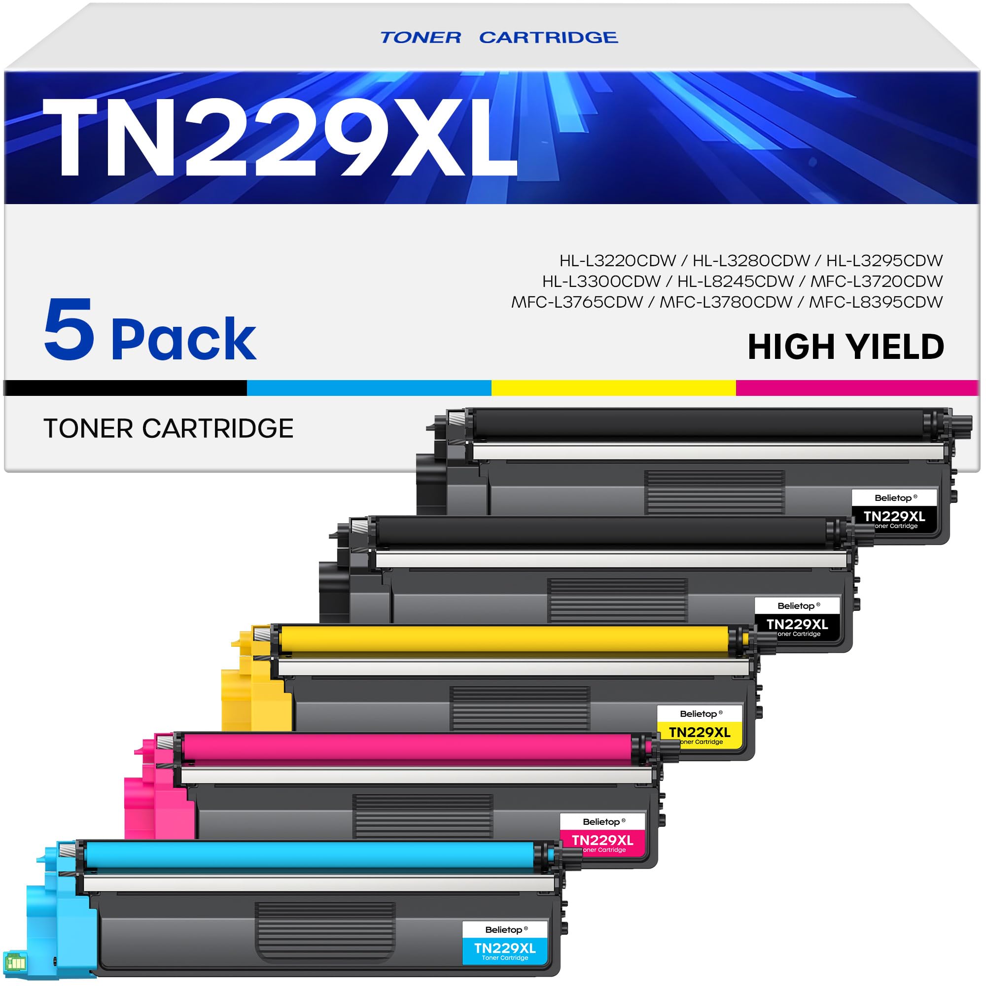 Photo 1 of belietop TN229XL Toner Cartridge 5 Pack (with Chip) High Yield Replacement for Brother TN229XL TN229 to Work for MFC-L3720CDW MFC-L3780CDW HL-L3220CDW HL-3280CDW HL-L3300CDW Printers(2 Black/C/M/Y)