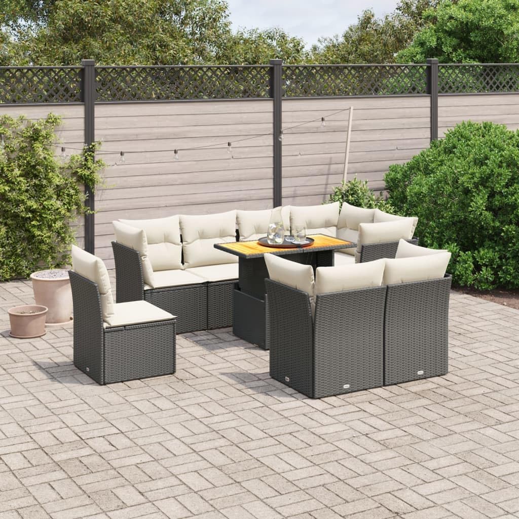 9 Piece Garden Sofa Set in Black and Cream White, Modular Outdoor Furniture with Height Adjustable Table, Weather-Resistant PE Rattan and Steel