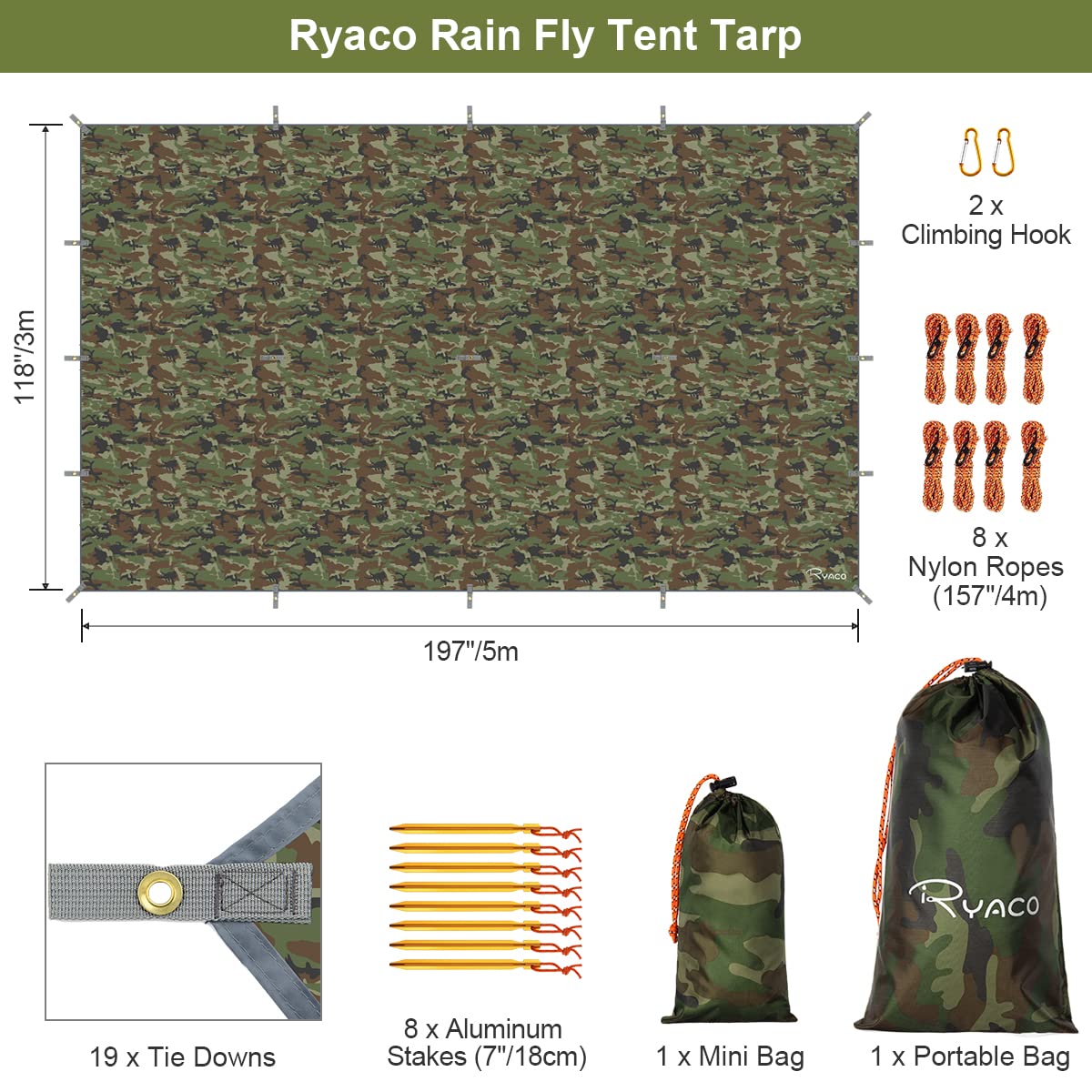 RYACO Tarp 3x5 m Wasserdicht Zeltplane Ultraleicht mit ösen + 6 Erdnägel + 6 Seilen, Anti-UV Schnee Regen Schutz Leicht Kompakt für Hängematte Camping Wandern Picknick Reisen Outdoor Aktivitäten