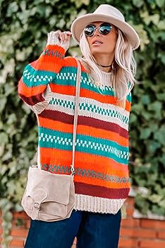 Women Rainbow Colorful Knitted Sweater Casual Color Block