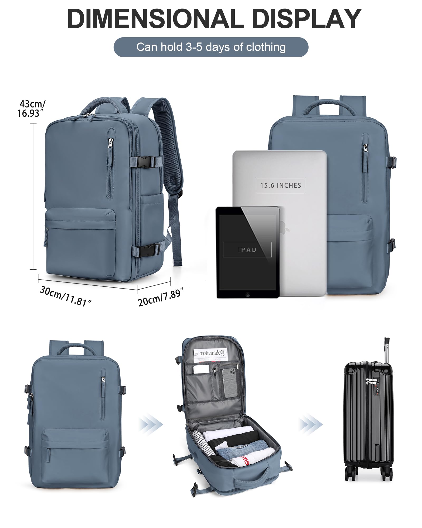 BJLFS Borse da Cabina per Ryanair 40×20×25 Bagaglio a Mano Easyjet 45×36×20 Borsa Zaino da Viaggio, Zaino da trekking,Zaino Casual per laptop da 14 pollici per scuola con porta di USB