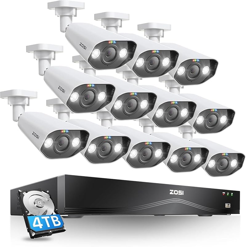 ZOSI 16CH 4K PoE Security Camera System with 2-Way Audio, 12pcs 8MP Outdoor Indoor Metal IP Cameras, AI Person Vehicle Detection, Color Night Vision, 16Port 32CH NVR with 4TB HDD for 24/7 Recording