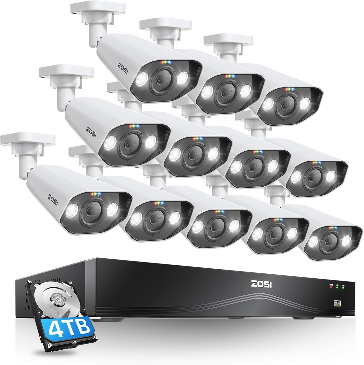 ZOSI 16CH 4K PoE Security Camera System with 2-Way Audio, 12pcs 8MP Outdoor Indoor Metal IP Cameras, AI Person Vehicle Detection, Color Night Vision, 16Port 32CH NVR with 4TB HDD for 24/7 Recording 16CH+12Cam+4TB