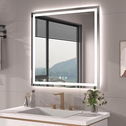 Miniatura 24 de Espejo LED de baño, 36 x 36 pulgadas con luz frontal y retroiluminada, antiniebla, espejo de tocador de baño para pared, función de memoria