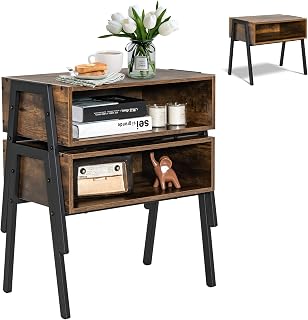 CASART Set of 2 End Table, Stackable Industrial Sofa Side Table 2-Tier Wood Nightstand, 2PCS Metal Frame Narrow Coffee Corner Table for Living Room Bedroom Study