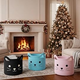 VK VKLIVING Large Cat Toy Basket with Handles 15 Lx14 H Cotton Rope Toy Box with Black Cat Design, Gift Basket for Laundry, Baby, Towels, Blankets, Woven Cotton Rope Animal Storage Organizer