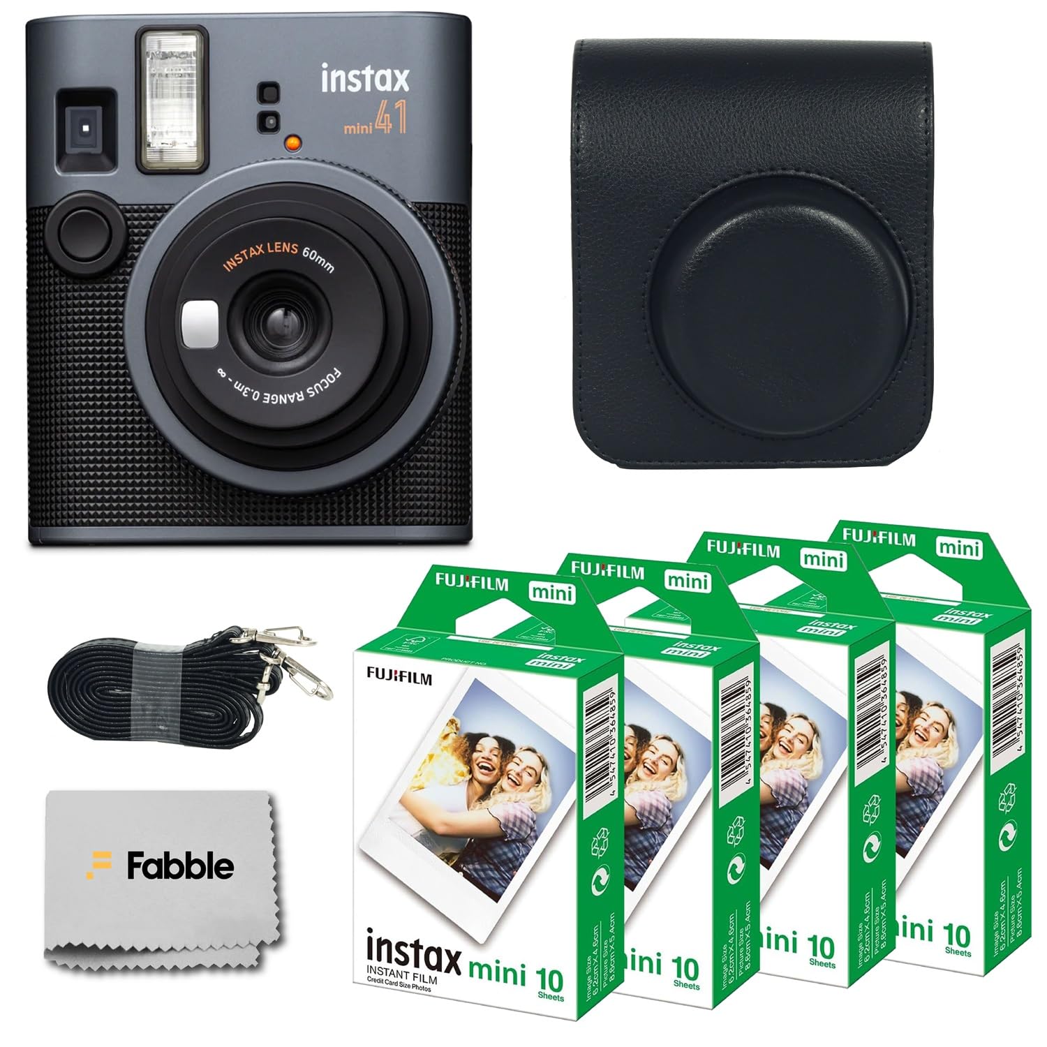 Fujifilm Instax Mini 41 Instant Film Camera Bundle with Groovy Case for Fuji Instax Mini 41, Twin Pack Film (40 Sheets) and Cleaning Cloth – Black (5
