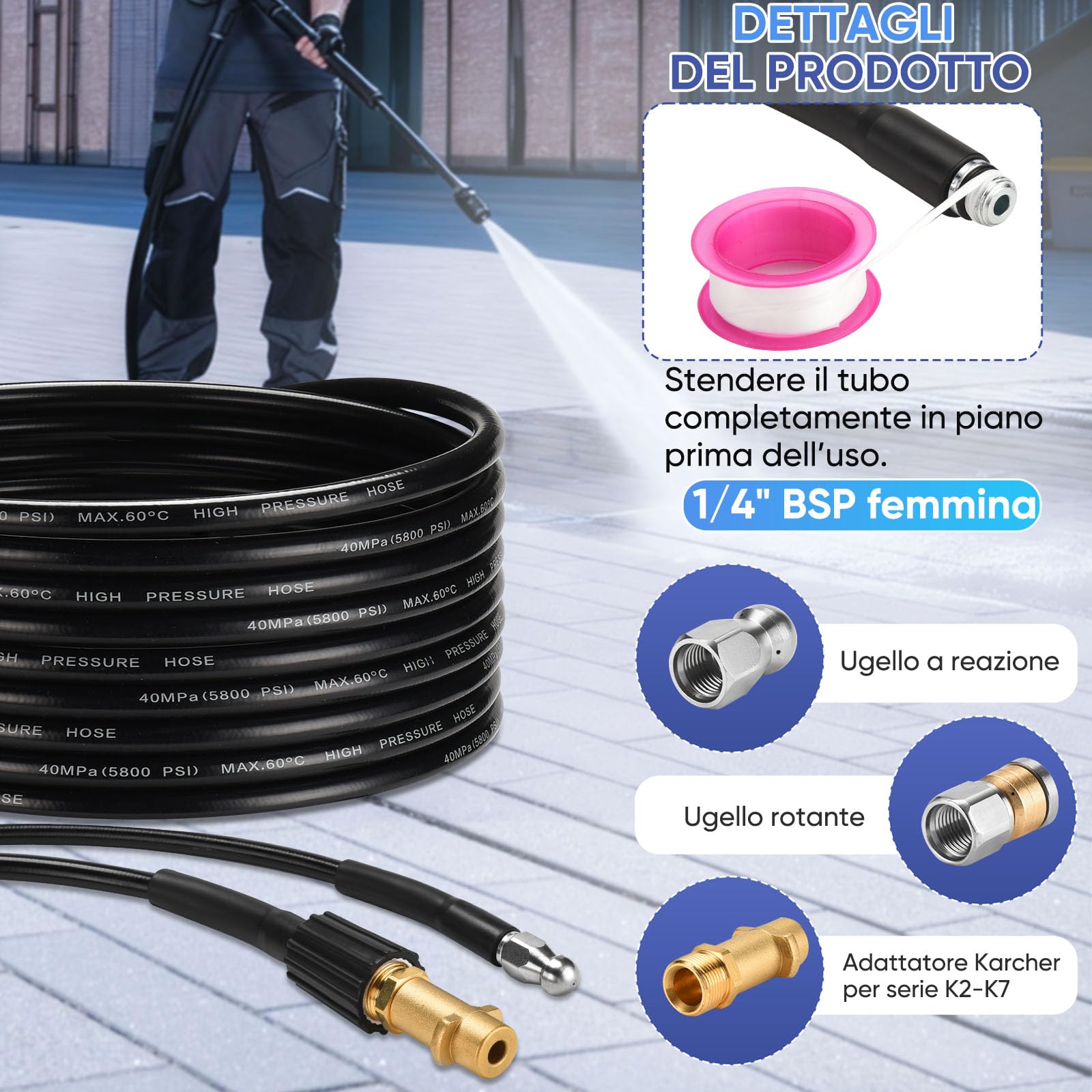 10m Tubo di Sonda Sturatubi Compatibile con Idropulitrici Kärcher K2-K7, CAROD 400 Bar/5800PSI Sonda Spurgatubi Per una Pulizia Facile di Tubi e Lavandini Intasati