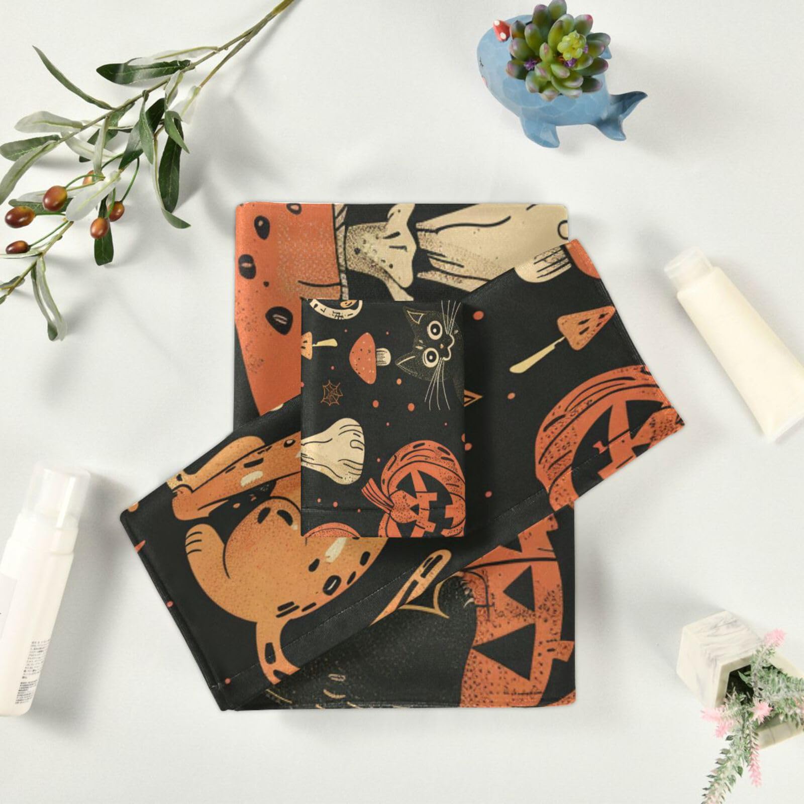 Set di 3 asciugamani per il viso ad asciugatura rapida con gatti, zucche, funghi, per Halloween, 3 pezzi, 1 asciugamano da bagno, 1 asciugamano per mani, 1 panno per la casa, cucina e famiglia