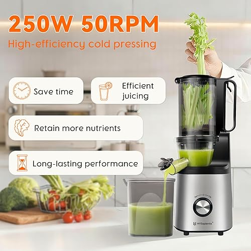 Miniatura 6 de Exprimidores de prensa en frío, exprimidor lento de masticación eléctrica HYSapientia para verduras y frutas, potente motor, sistema autoprecortado,