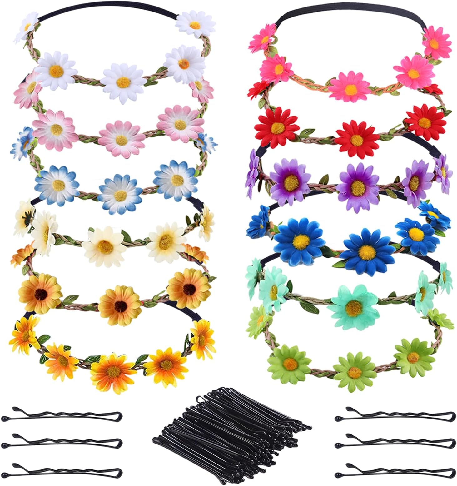 12 Pcs FFlower Crown Headbands, FFlower Headbands for Women, Daisy Flower Hair Band, Festival Hair Accessories, Daisy Headband, Ladies Floral Festival Flower with Adjustable Elastic Ribbon