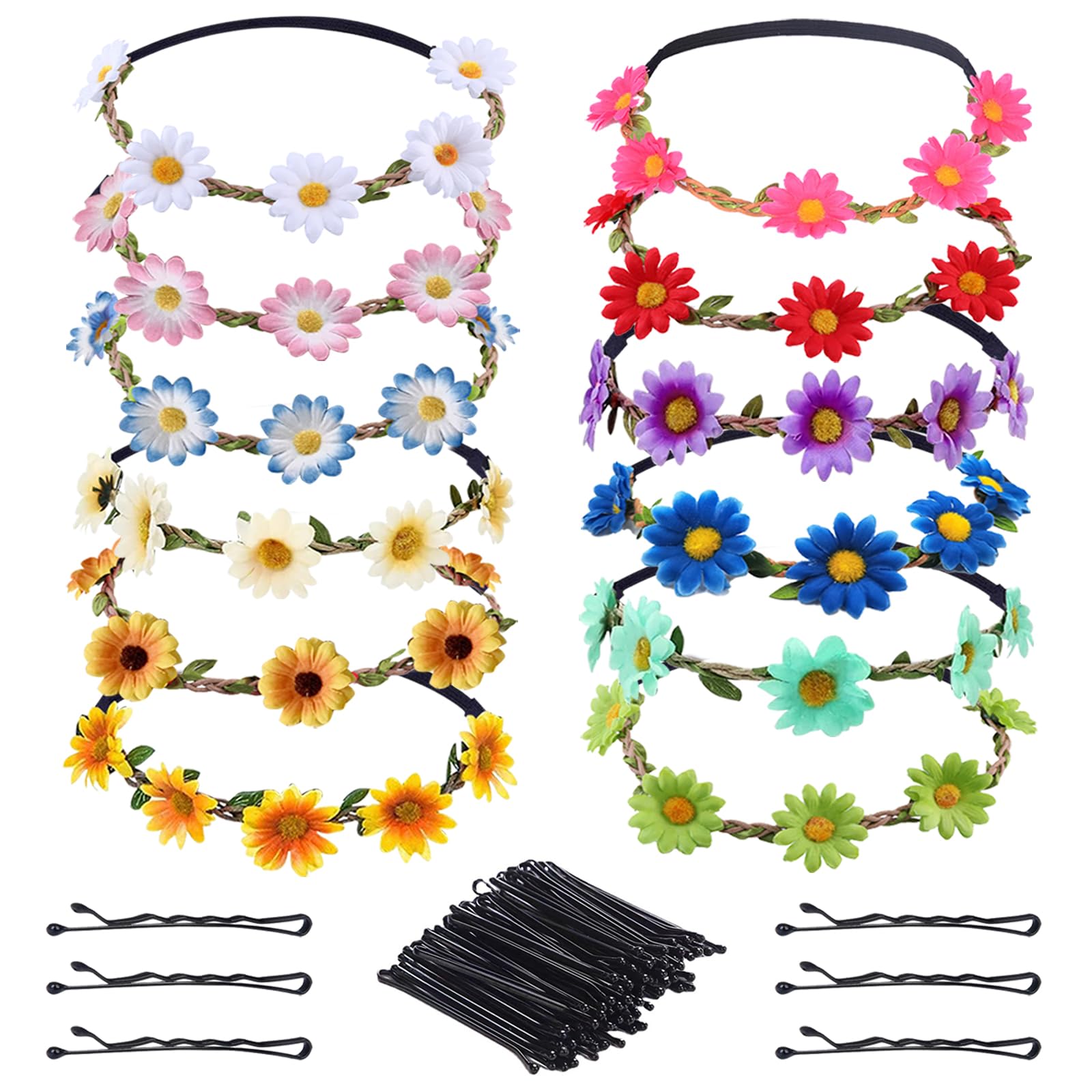 EDLMKM 12 Pcs FFlower Crown Headbands, FFlower Headbands for Women Daisy Flower Hair Band, Festival Hair Accessories