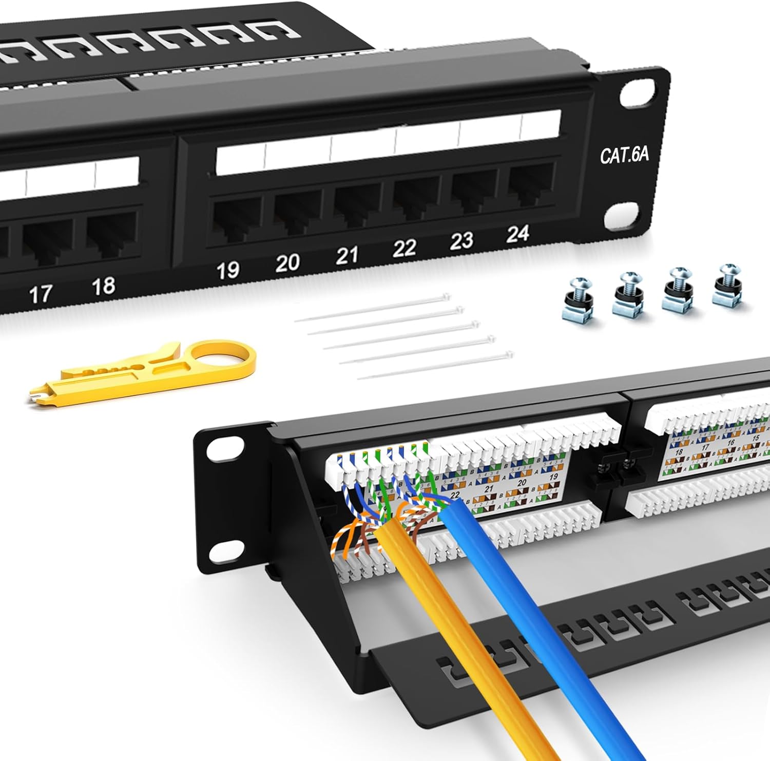 Patch Panel 24 Port Cat6A【EC Listed】 Rackmount Punch Down 1U 19 inch RJ45 Network Patch Panel for 10 Gigabit Network,110 or Krone Impact Tools Compatible (Cat6A 24 Port Patch Panel)