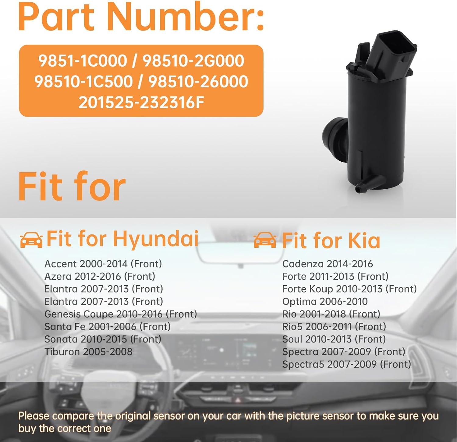 98510-1C500 Windshield Washer Pump w/Grommet - Washer Motor Compatible with Hyundai Accent Elantra Sonata Santa Fe Kia Forte Rio Soul - Direct Replacement OEM 98510-26000 201525-232316F