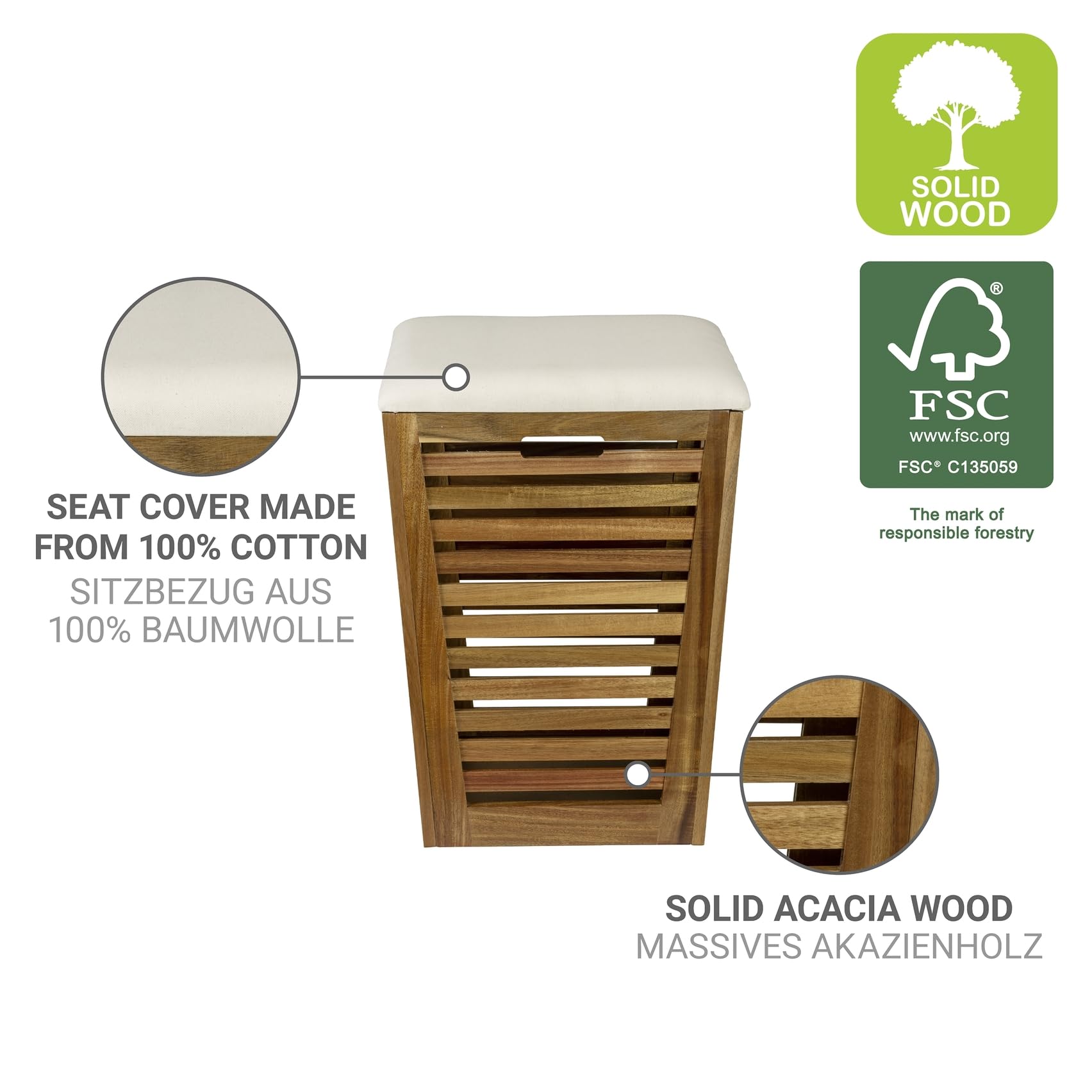 WENKO Wäschetruhe mit Sitzpolster Mod. Fondi aus massivem Akazienholz mit 55 L Fassungsvermögen Sitzp. aus 100% Baumwolle Maße 40 x 56 x 40 cm Braun