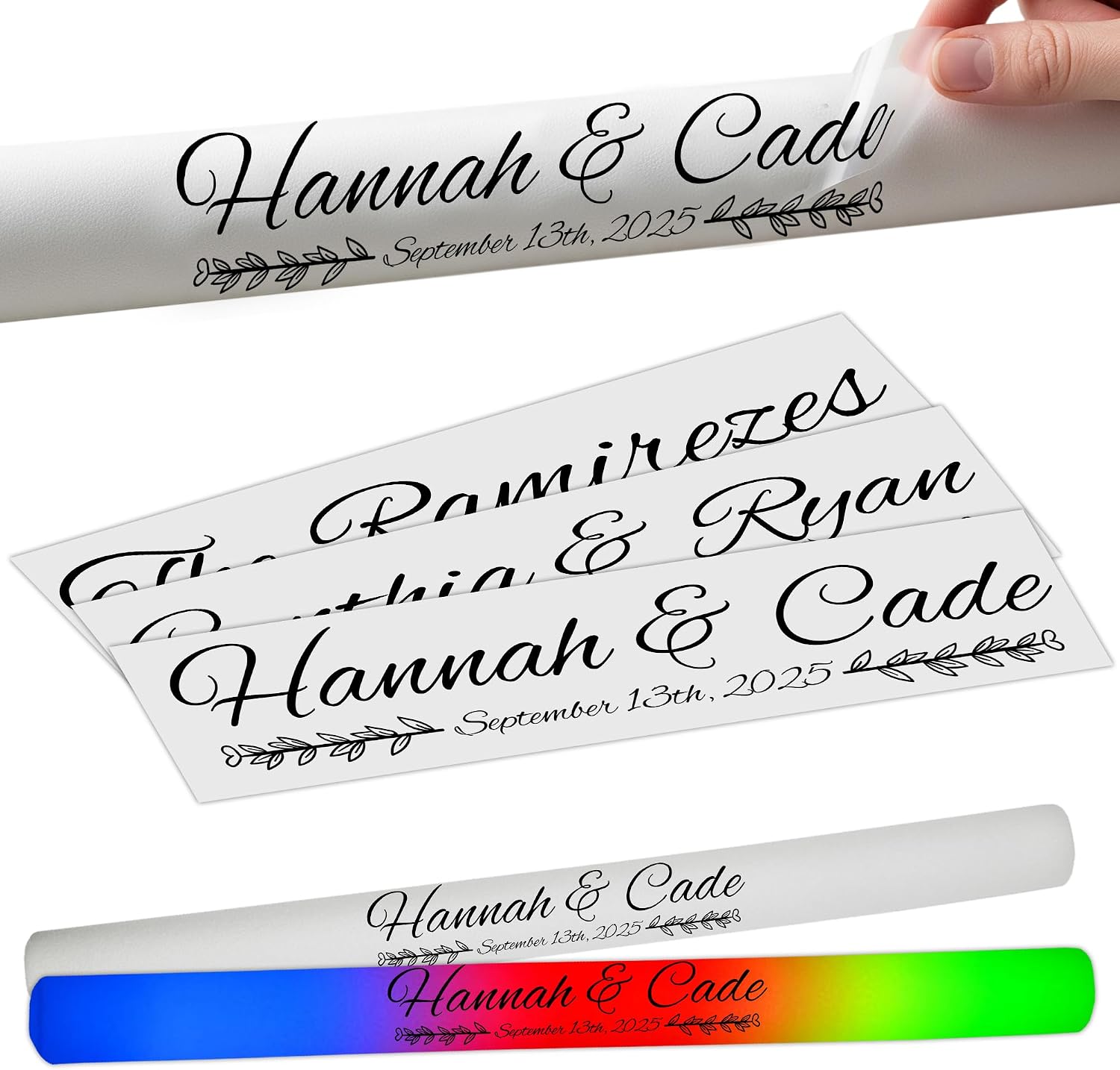 Personalized Wedding Sticker Labels for Custom Glow Sticks, Foam Baton Stickers, Strong Adhesive, Perfect for Party Favors & Decorations, Wedding Ring Design (Design 6)