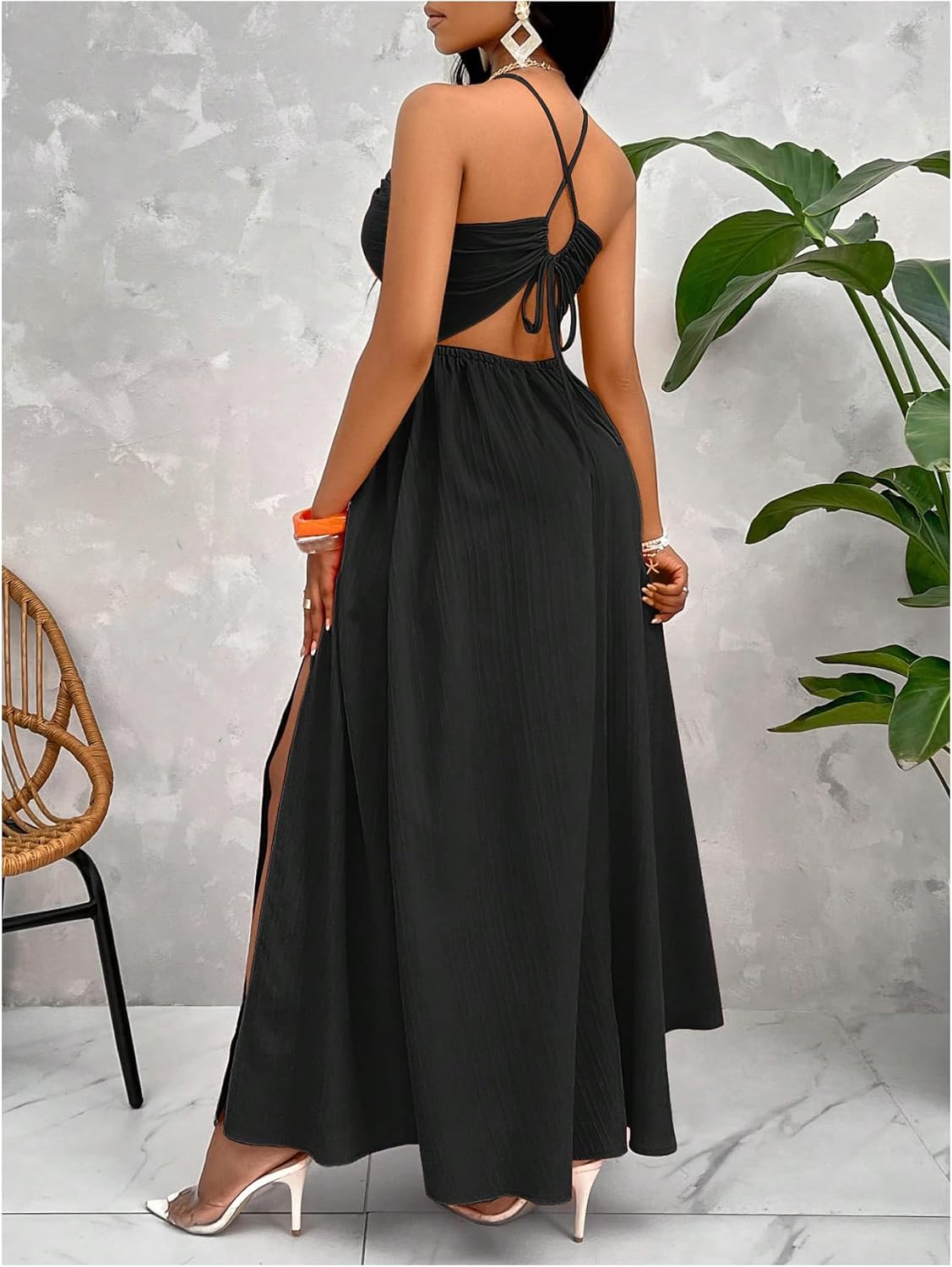 OYOANGLE Women's Halter High Slit Long Dress Cut Out Criss Cross Ruffle Sleeveless Flowy Dresses - Image 3