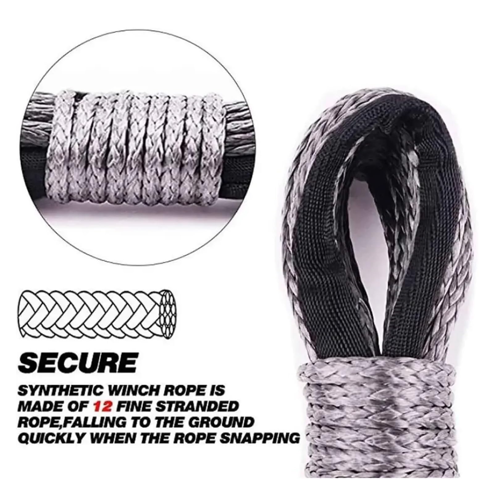 Corda di Traino Verricello con Fune in Fibra Sintetica da 6 Mm * 15 M (4 T). Facile E Sicuro(Gray)
