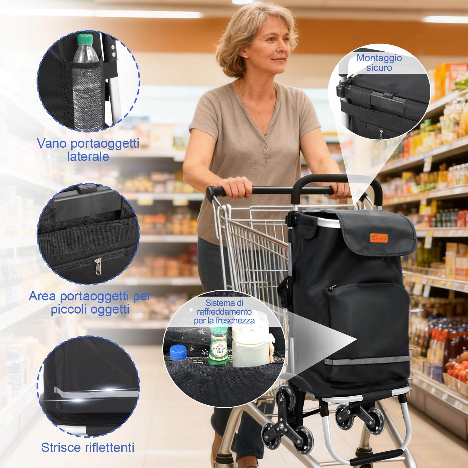 Sekey Carrello della Spesa Pieghevole con Funzione Saliscale, Carrello 3 in 1 con Borsa a Tracolla e 3 Ruote, Trolley e Carrello Impermeabile Ideale per la Spesa e il Campeggio – Nero
