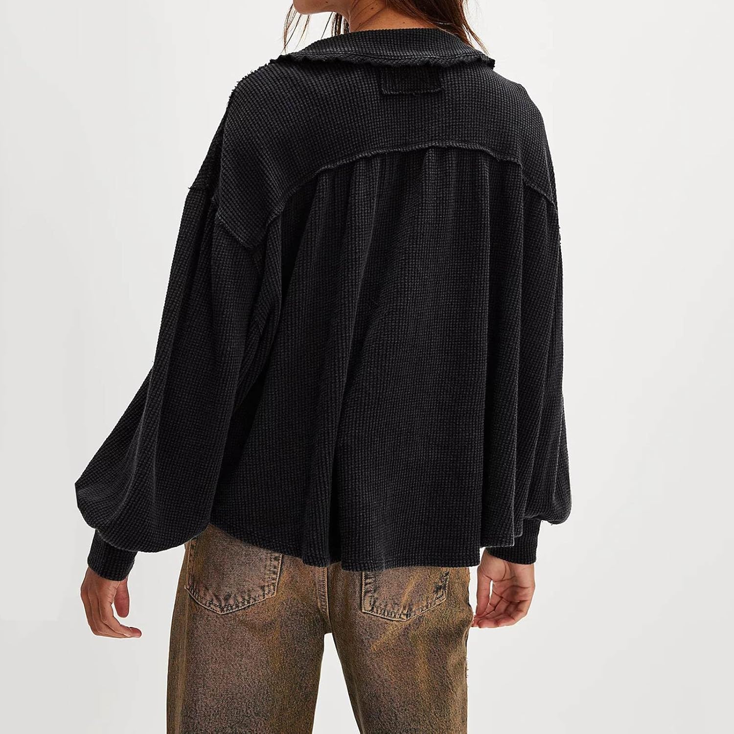 Women's Oversized Waffle Knit Top Peter Pan Collar Shirt Long Sleeve Button Up Blouse Loose Fit Fall Winter Casual - Image 2