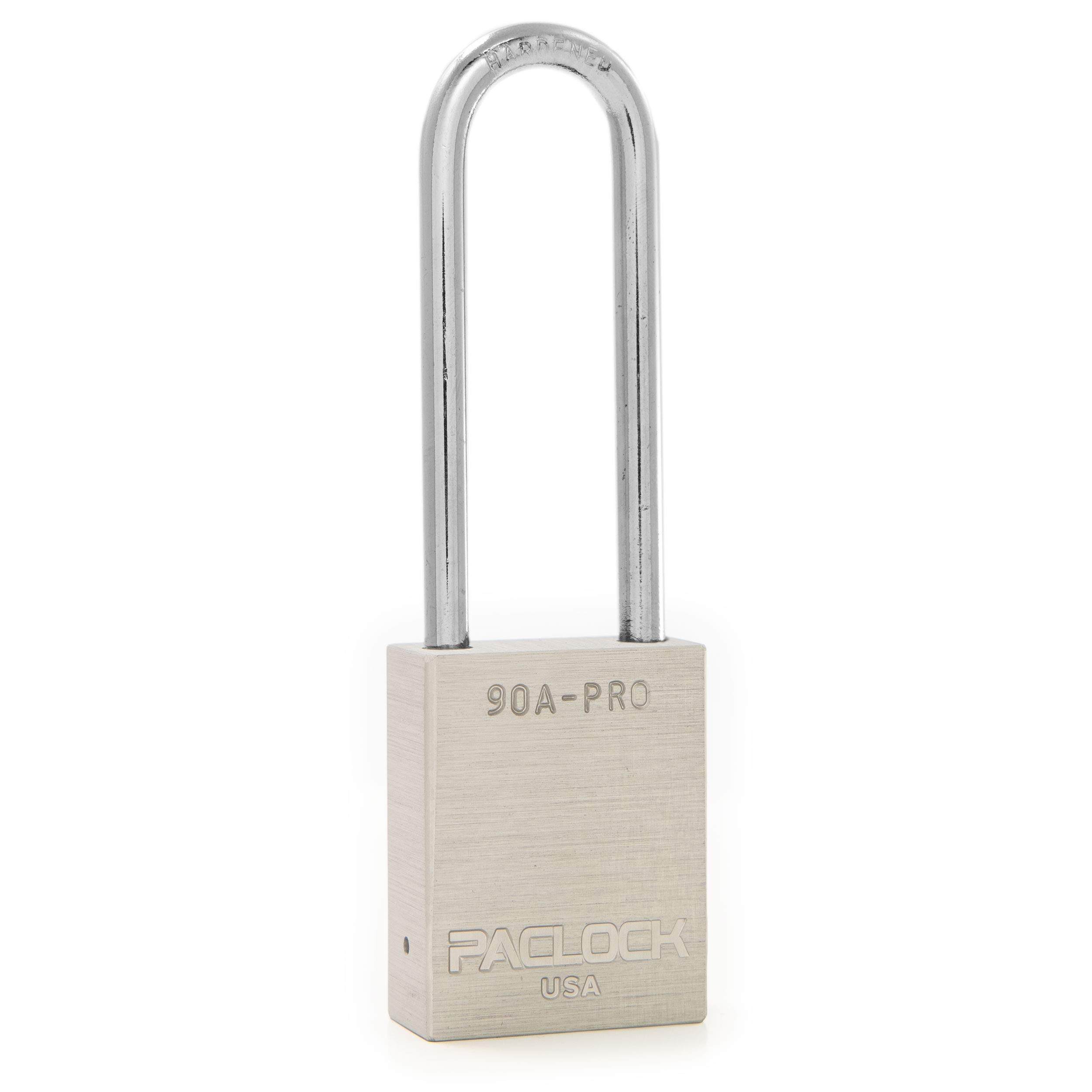 PACLOCK's 90A-PRO Padlock, 1/4" Diameter Hard. Steel Shackle, 3" Tall, High Performance 7-Pin Cylinder w/ 1 Key, Keyed Differently, Silver