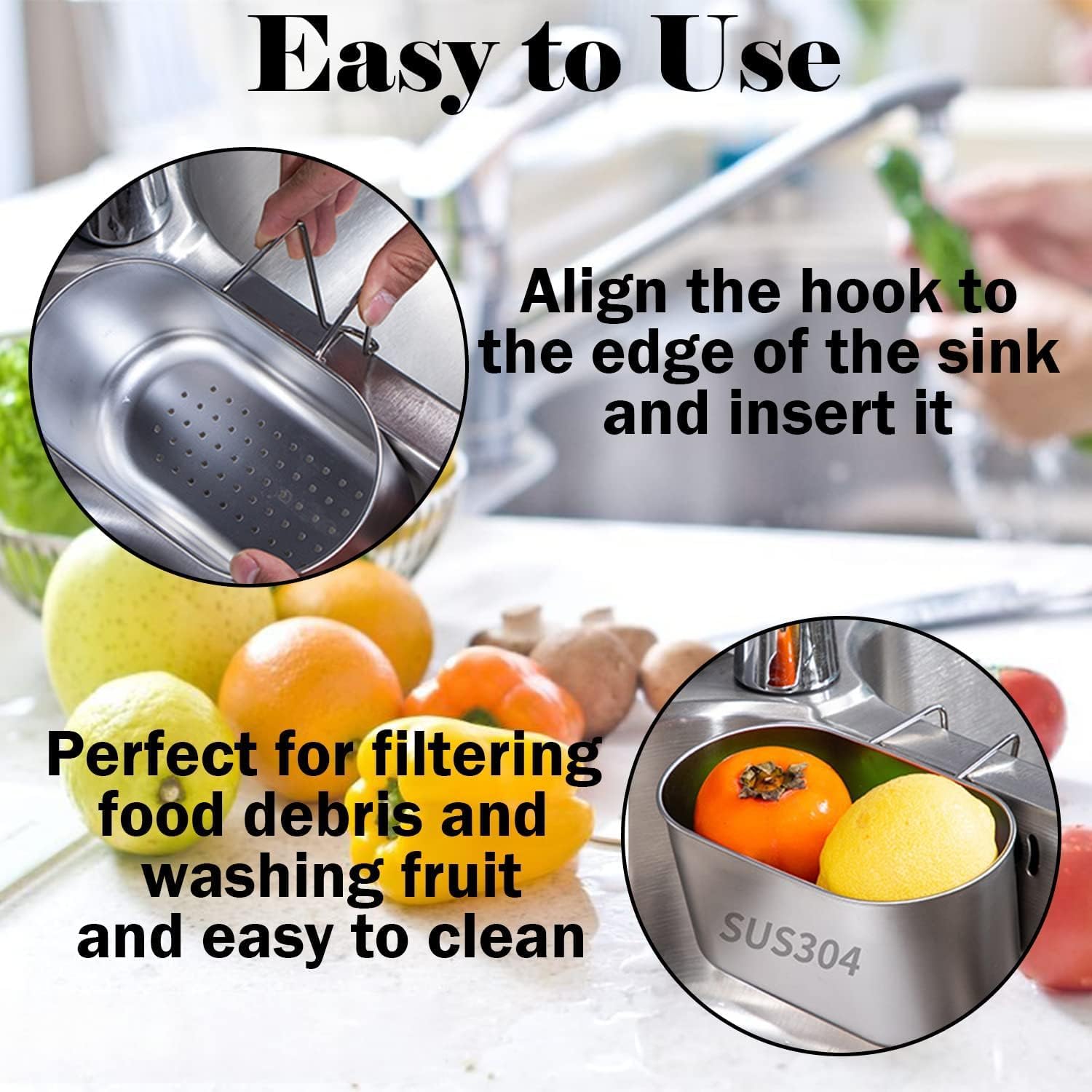 PIKFOS Stainless Steel Sink Drain Strainer Basket, Multifunctional Hanging Sink Strainer Colander Drain Basket for Filter Kitchen Waste and Wash Vegetables Fruits (Silver) 4