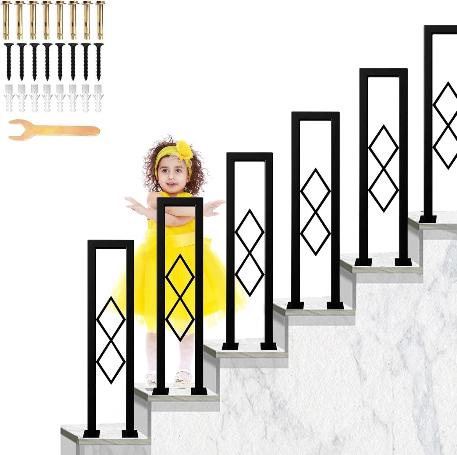 Yczhd Black U-Shaped With Diamond Pattern Stair Handrail,Indoor Baluster Metal Design Railing Panel For Loft Villas(Size:85cm/33.47In,Color:black)