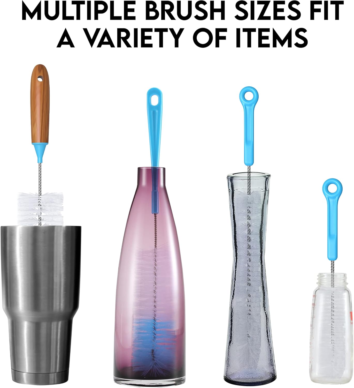 Turbo Microfiber Bottle Brush Cleaner Pack - Set of 5 Long, Cleaning Brushes for Baby Bottles, Water Bottles, Straws, Tumblers, Wine Decanters and Flask - Kitchen Supplies : Baby