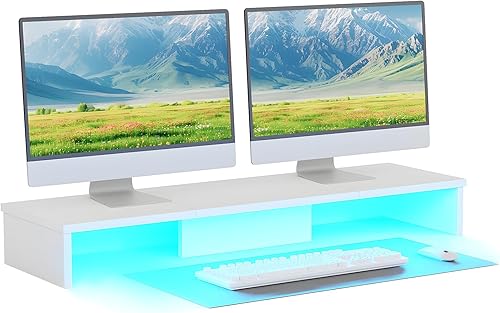 Soporte elevador de doble monitor para escritorio con luces LED, soporte grande para monitor de computadora para 2 monitores, estante de escritorio