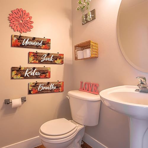 Miniatura 7 de Blulu 4 piezas de decoración de pared de baño de otoño, arte de pared de baño, decoración de madera de granja, decoración de madera, para relajarse