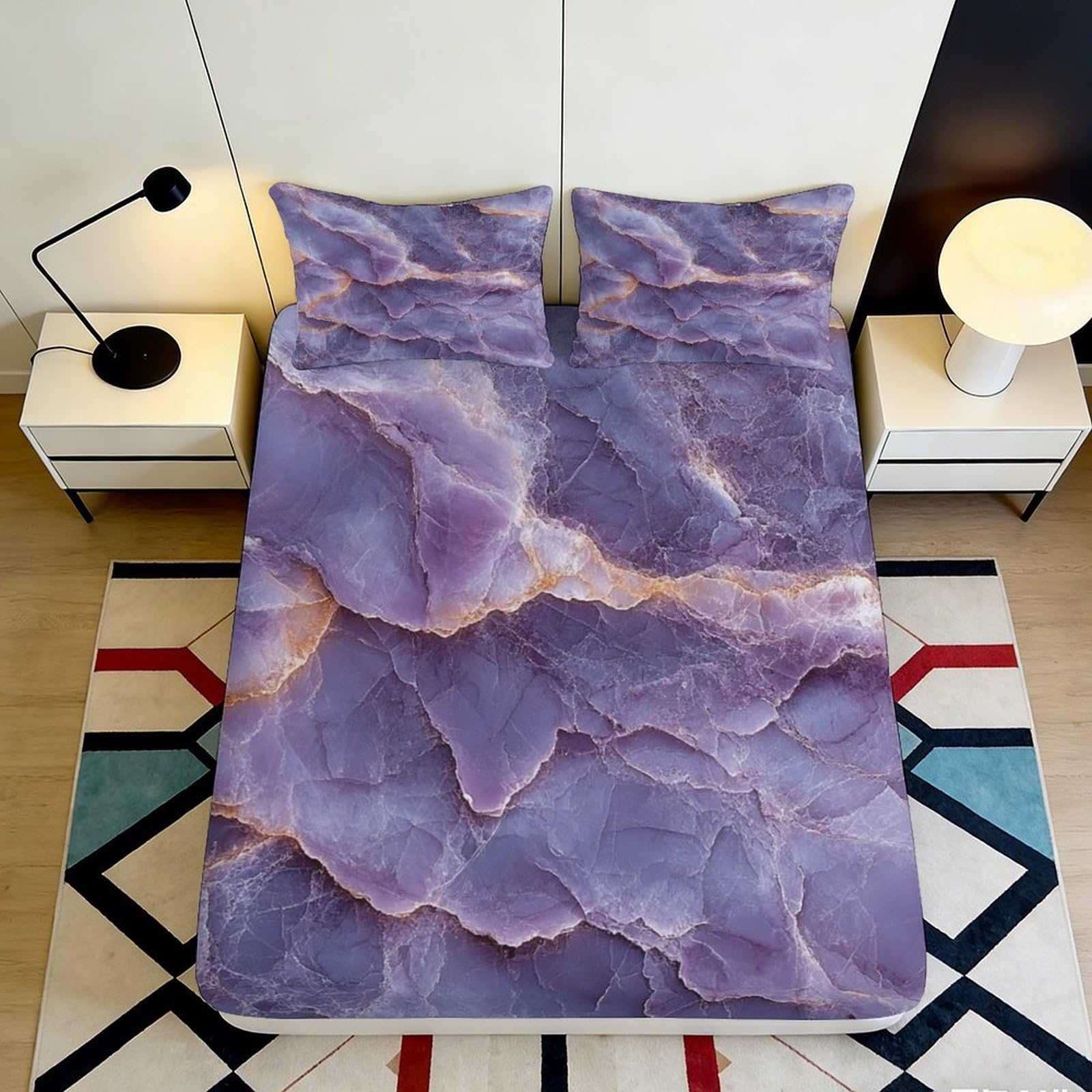 Uxinyoume Style-10 3D Printed Purple Marble Fitted Sheet Microfiber Soft Breathable Amethyst Mattress Cover For Bedroom Dorm Decor 90X200x25cm