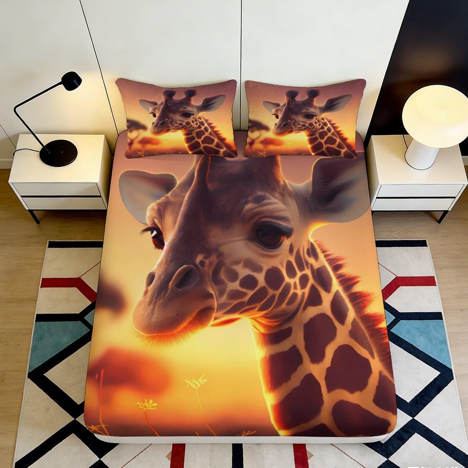 3D Printed Sunset Giraffe Fitted Sheet Microfiber Soft Anti-Slip Mattress Cover for Bedroom Guest Room Decor 120x200cm 200x200x25cm